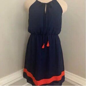 Fashion Spy Sleeveless Navy/Orange Front Tassels Dress Small